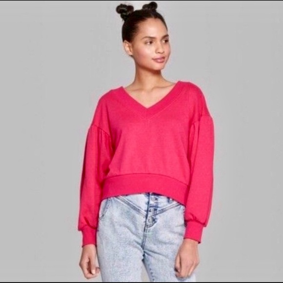 Wild Fable Pink Balloon Sleeve Cropped V-Neck Sweatshirt - Picture 3 of 11